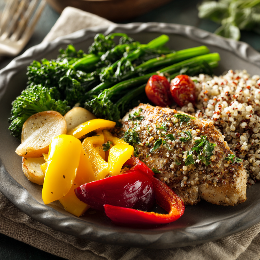 Balanced healthy meal plate with vegetables and whole grains for middle-aged adults