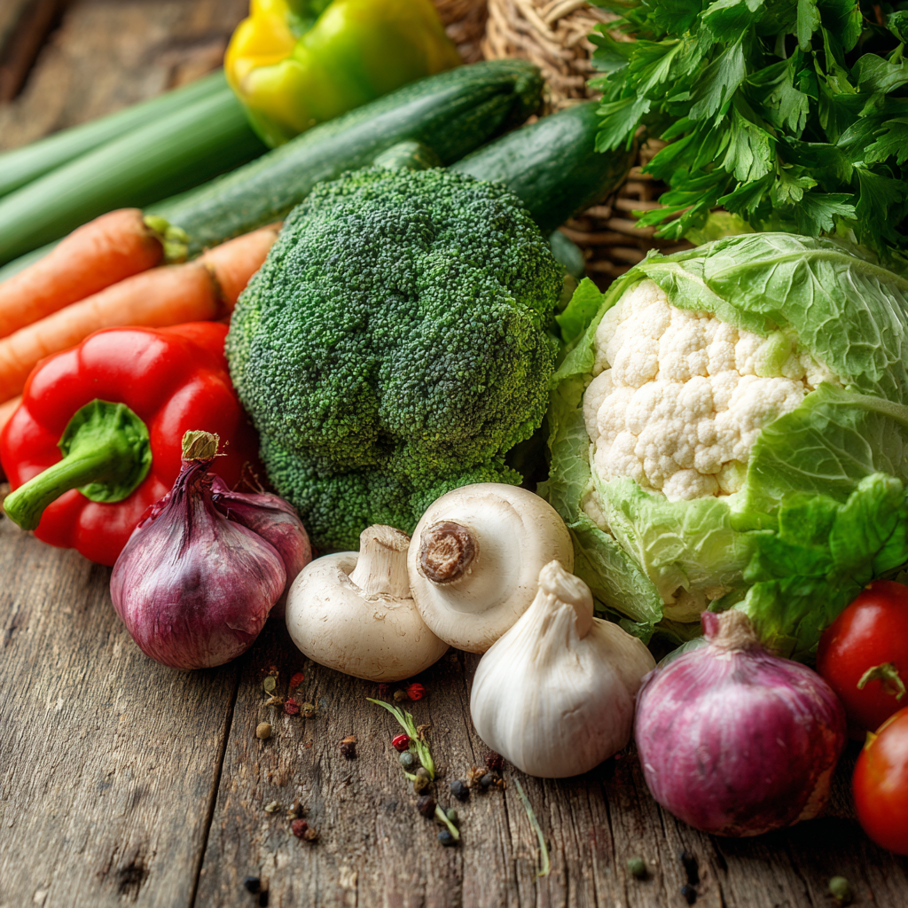 Fresh organic vegetables and herbs supporting immune system for older adults